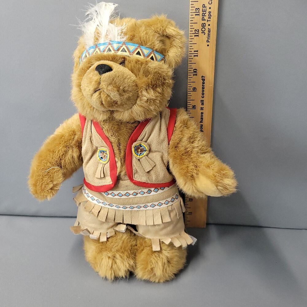 Vintage Plush Teddy Bear #01939 Feather Headband Suede 13" Toys Stuffed Animal - Picture 7 of 11